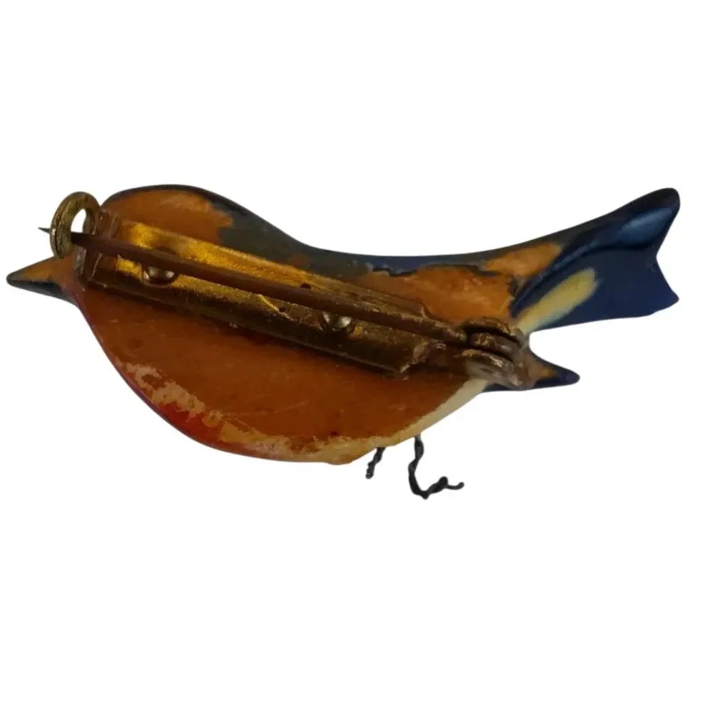 Wood Hand Painted Blue Bird Pin Brooch 1.75 ” Takahashi Style Vtg Unmarked
